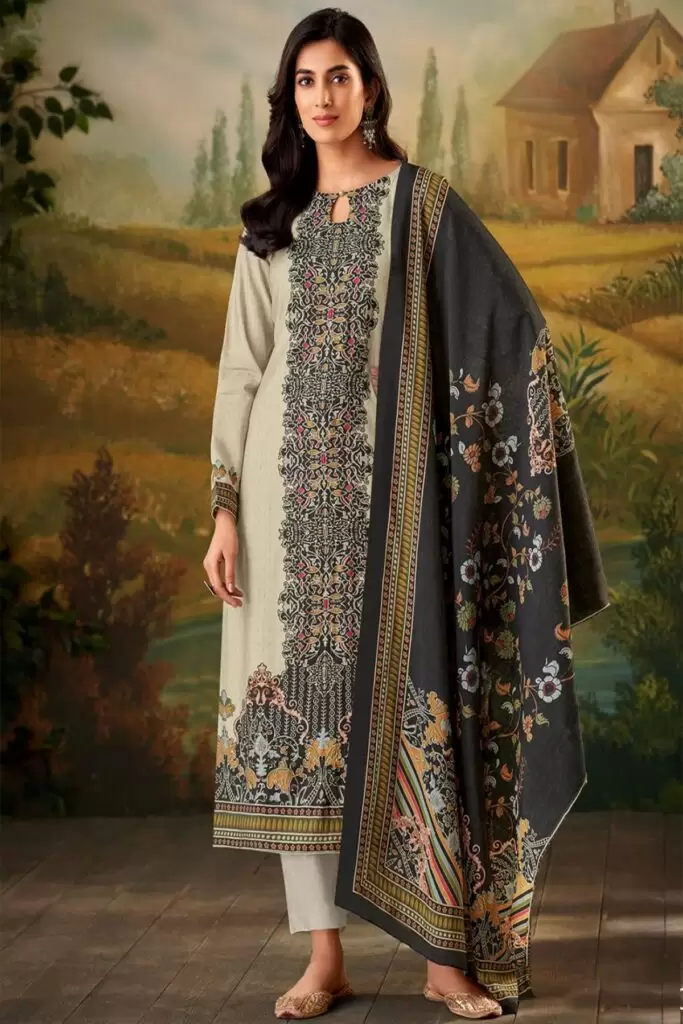 Cream And Black Muslin Pakistani Salwar Kameez Fabsl22146 BG
