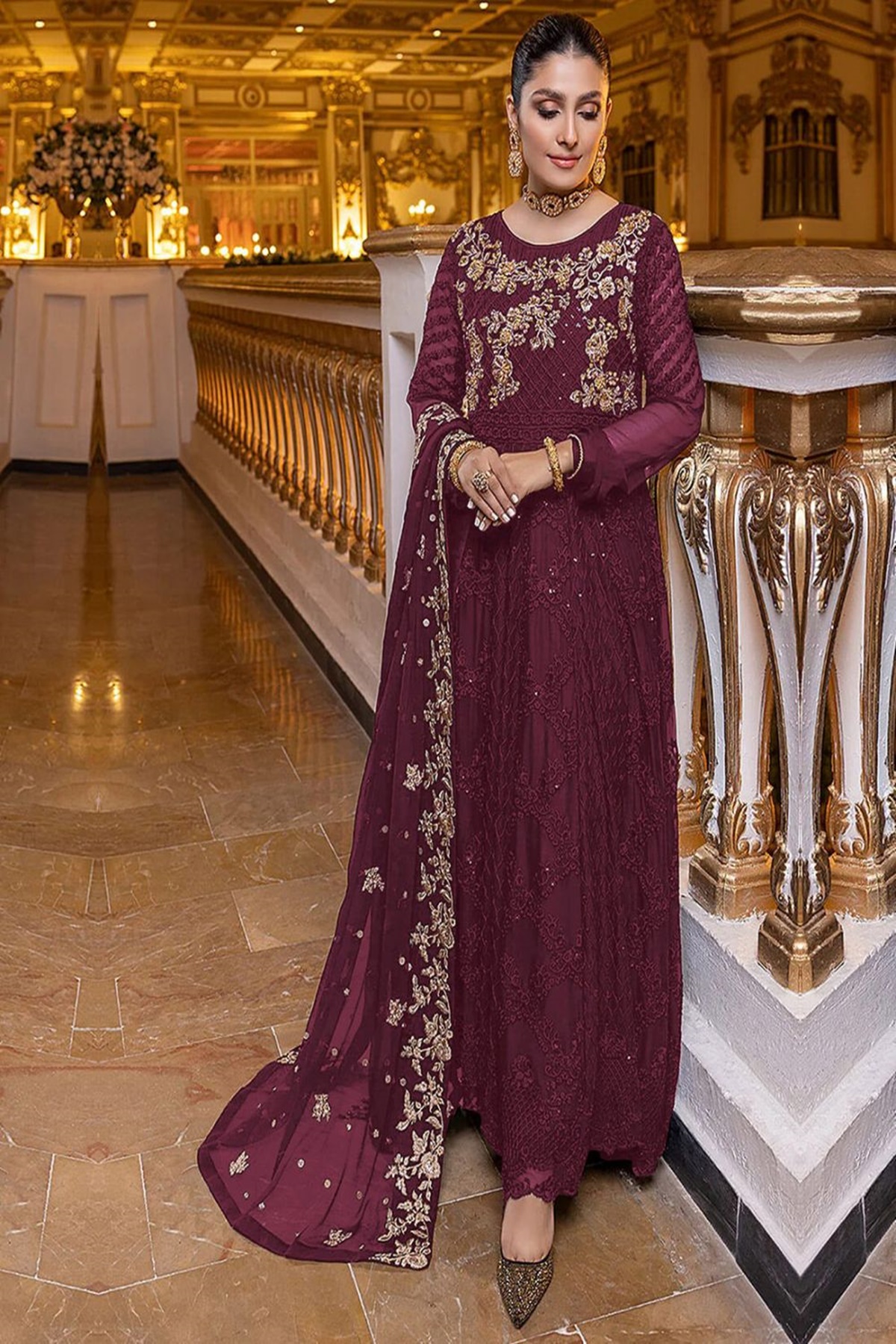 wine georgette semi stitched pakistani suit bg